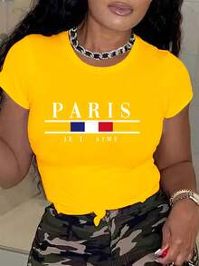 Women's "PARIS JE T'AIME" Short-Sleeved T-Shirt With Flag Print, Round Neck, Machine Washable, Comfortable, Soft, Breathable, Suitable For Spring, Summer, And Autumn. Loose, Casual, Fashionable, Ideal For Everyday Wear And Work, Simple And Versatile, Sizes S-XXL. - 黑色 - 查看 10