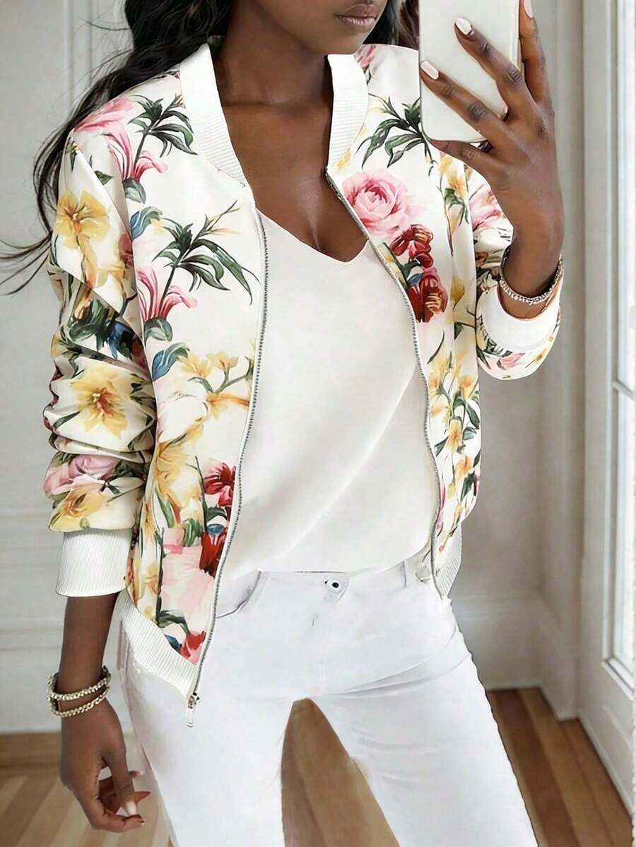 Chaqueta con cremallera con estampado floral casual para mujer - Multicolor 9 - Ver 1