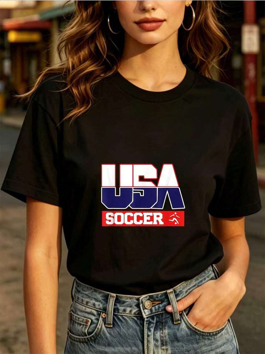 Unisex American Football Print T-Shirt - Lightweight And Comfortable Short-Sleeved T-Shirt That Shows American Pride. Casual Crew Neck T-Shirt, Suitable For Family Gatherings, Father's Day Gift, Machine Washable, Ideal For Spring/Summer. R4V7 - 黑色 - 查看 1