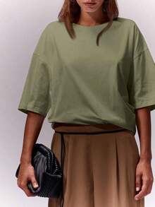 Camiseta de cuello redondo suave y oversize, parte de un armario cápsula casual, camiseta oversize para uso diario, aeropuerto, vuelta al colegio, elegante para primavera y verano, vacaciones - Verde - Ver 5