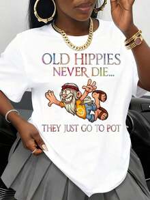 Camiseta de talla grande con estampado gráfico del símbolo de la paz, con diseño gráfico de "los viejos hippies nunca mueren, solo se van al cinturón" y diseño de dibujos animados para uso casual. Camiseta para mujer, camiseta con el símbolo de la paz para mujer, cómoda de llevar, tela de algodón puro de baja elasticidad (tallas S-5XL). - Blanco - Ver 7