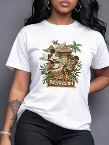 Figura tropical con palmeras volcán y máscaras tiki que transmiten alegría aventurera en un paraíso exótico ideal para el verano camiseta para mujer casual cómoda y moderna,Camiseta de mujer elegante. - Blanco - Ver 1