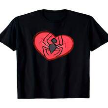 Women's Casual Cotton Round Neck Short Regular Sleeve T-Shirt with Unique Spider Heart Print Black Tee - Negro - Ver 1