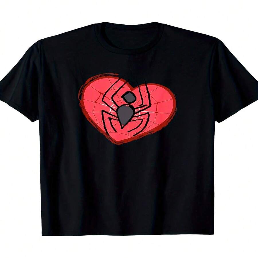 Women's Casual Cotton Round Neck Short Regular Sleeve T-Shirt with Unique Spider Heart Print Black Tee - Negro - Ver 1