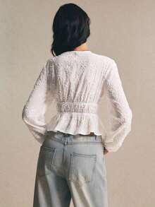 Camisa casual de mujer de unicolor con cuello en V y detalle de nudo en la parte delantera, de manga larga - Blanco - Ver 2
