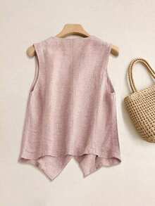 Chaleco de lino casual para mujer, estilo corto para primavera y verano - Rosa vieja - Ver 2