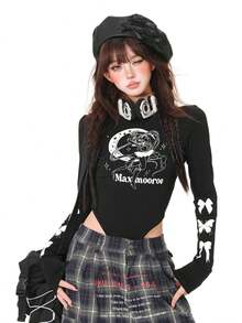 ハーフハイネック Tシャツ 長袖 レディース ショート丈 蝶プリント ギャル 着痩せ インナー ボディスーツ トップス スリムフィット 美シルエット 伸縮性 動きやすい デイリー デート ライブ フェス ストリート 個性的  夏 秋 肌見せコーデ タックイン不要 楽ちん - ブラック - チェックする 3