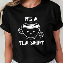 Women's Summer Short-Sleeved T-Shirt With Front Print, Comfortable And Breathable Fabric, Casual, Suitable For Spring And Summer, Casual Round Neck Top, Comfortable Women's Clothing. - 黑色 - 查看 6