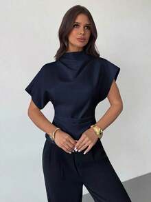 Blusa de bambú y lino con cuello arrugado, mangas asimétricas, plisado lateral y cintura ceñida, para uso diario, color albaricoque, para todas las estaciones - Azul marino - Ver 3