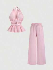 Conjunto de 2 piezas estilo francés relajado con camiseta sin mangas de cintura ceñida y pantalón ancho de pierna holgada, un conjunto de moda para mujeres - Rosa - Ver 1