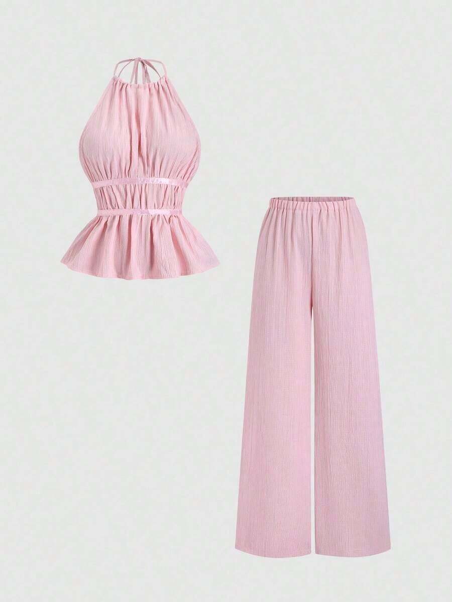 Conjunto de 2 piezas estilo francés relajado con camiseta sin mangas de cintura ceñida y pantalón ancho de pierna holgada, un conjunto de moda para mujeres - Rosa - Ver 1