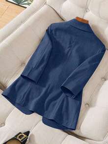Blazer de lino con cordón en la cintura y mangas 3/4 de longitud para mujer de oficina - Azul marino - Ver 2