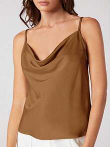 Top de satén sin mangas para mujer, elegante y romántica de unicolor, para uso casual y de negocios, adecuada para oficina, diario, otoño - Amarillo - Ver 7