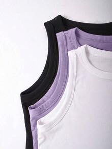 Camiseta De Mujer Con Cuello Redondo De Color Sólido En Verano Para Uso Casual - Multicolor 3 - Ver 4