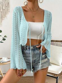 Cárdigan de punto calado de color liso casual para vacaciones - Azul - Ver 6