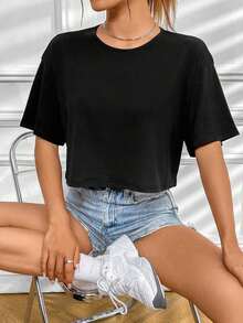 Camiseta casual de mujer con cuello redondo, manga corta y bloque de color con estampado de letras - Negro 2 - Ver 1