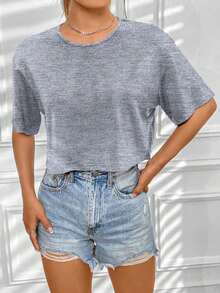 Camiseta casual de mujer con cuello redondo, manga corta y bloque de color con estampado de letras - Gris - Ver 4
