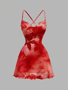 Vestido mini con cuello drapeado con estampado floral de hibisco naranja y amarillo en estilo retro vacacional elegante para mujer - Salidas, playa, bodas, cumpleaños, fiestas, chic, festival occidental, chica de isla vintage, vacaciones en la , - Multicolor - Ver 5