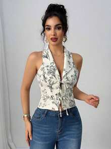 camisa sin mangas para ir al trabajo y de vacaciones con cuello vuelto, lazo y estampado floral 3D, color azul - Albaricoque - Ver 6