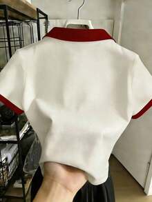 Camiseta de mujer casual y versátil con cuello polo y mangas cortas en bloques de color, regalo para ella / regalo de vacaciones - Multicolor - Ver 2