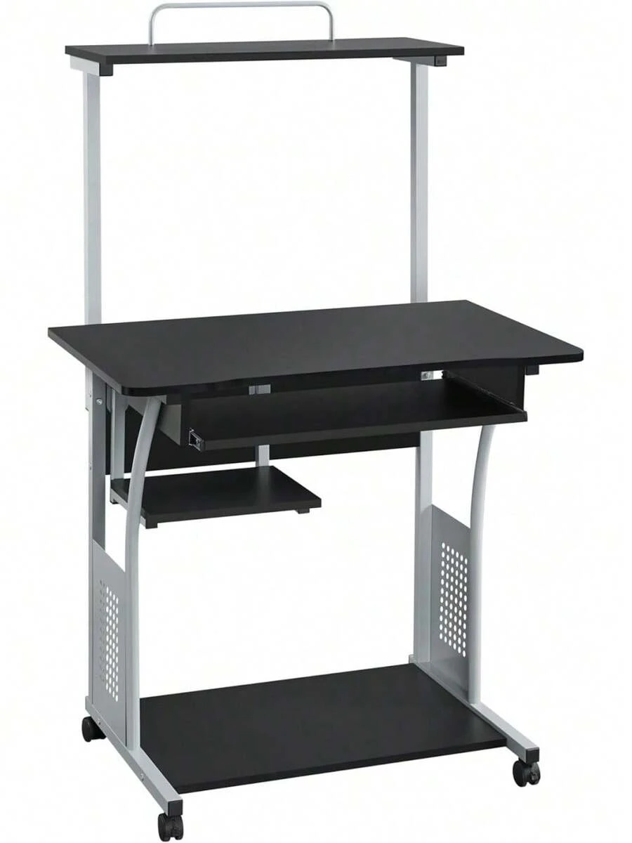 2 Tier Rolling Computer Desk W/Keyboard Tray And Printer Shelf Stand Study Table Corner Desk For Small Space Black - 1 - View 1