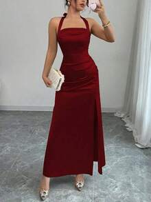 Vestido camisero elegante de color champagne, con tela de satén elástica y abertura lateral de largo maxi - Burdeos 2 - Ver 4