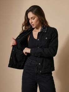 pthirillo Women's Black Denim Jacket Maxi Oversized Denim Black Cotton Long Sleeve Premium Street Style Retro Casual Loose Fit With Pockets Cowboy Style Show Pearls | Basic - 花卉領 - 查看 4