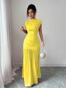 Nuevo vestido de moda de cuello alto sólido rojo sin mangas, con diseño sexy de malla calada y plisado en línea A, adecuado para fiesta de graduación, eventos festivos, citas - Amarillo - Ver 7