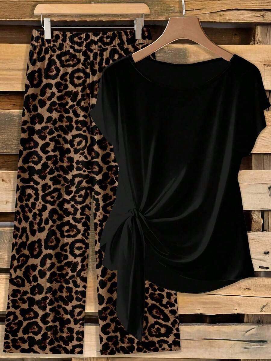 Clasi Conjunto de 2 piezas de blusa con moño elegante y minimalista en color rosa, combinada con pantalones de pierna ancha con estampado floral, adecuado para el verano - Multicolor 6 - Ver 1