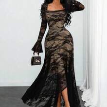Women's Elegant French Romantic Sexy Square Neck Rose Lace Jacquard Vintage Double-Layer Ruffle Sleeve Asymmetrical Hem Dress, Suitable For Dates, Holidays And Daily Wear Spring - Multicolor - Ver 1