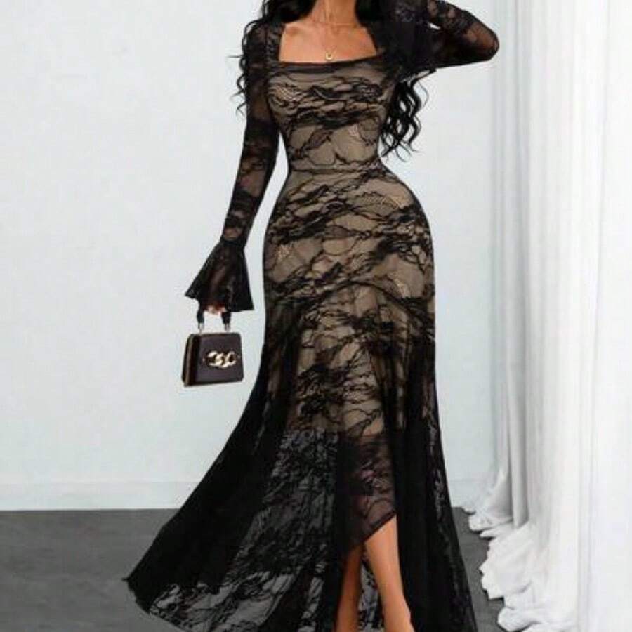 Women's Elegant French Romantic Sexy Square Neck Rose Lace Jacquard Vintage Double-Layer Ruffle Sleeve Asymmetrical Hem Dress, Suitable For Dates, Holidays And Daily Wear Spring - Multicolor - Ver 1