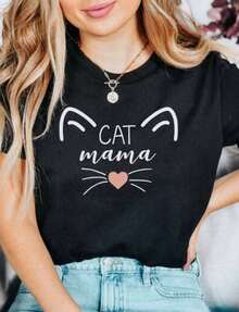 Camiseta de manga corta para amantes de los gatos, camiseta para mamá de gatos, regalo para mamá de gatos, mamá de gatos, suéter para gatos, regalo para gatos, camiseta para mamá de gatos, regalo para el Día de la Madre, camiseta linda de gatos, camiseta para mamá de gatos de 220 g, 100% algodón de alta densidad. Con estampado de mariposas, adecuada para niñas y mujeres, camiseta inspiradora de manga corta y cuello redondo, estilo estético lindo Y2K, top de verano, adecuada para actividades al aire libre, familia, trabajo o uso diario casual en la calle, 100% algodón. - Negro - Ver 6