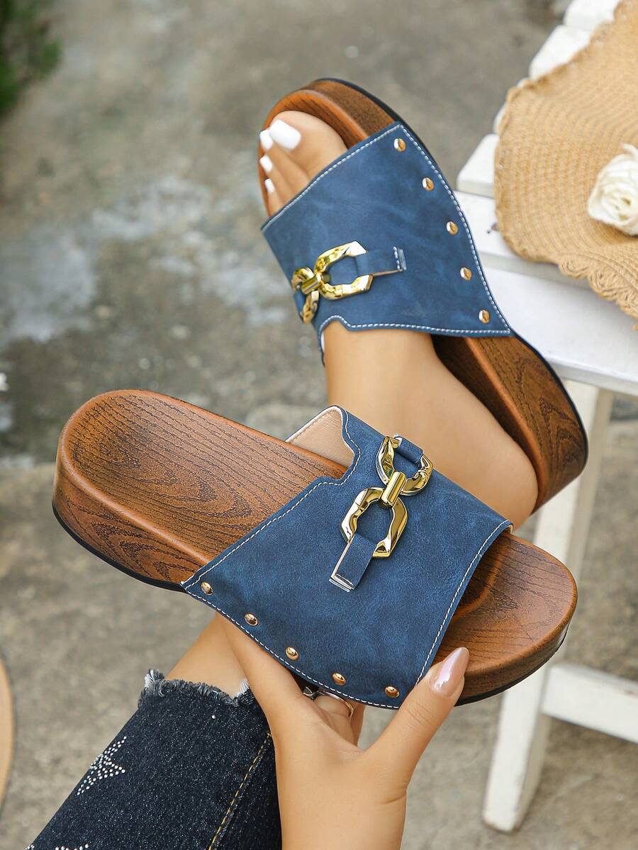 Vintage Distressed Faux Wood Grain Blue Platform Sandals, Rivet Decor Chunky Heel Slip-On Matte Finish Women Slides - Blue Frosted - View 1