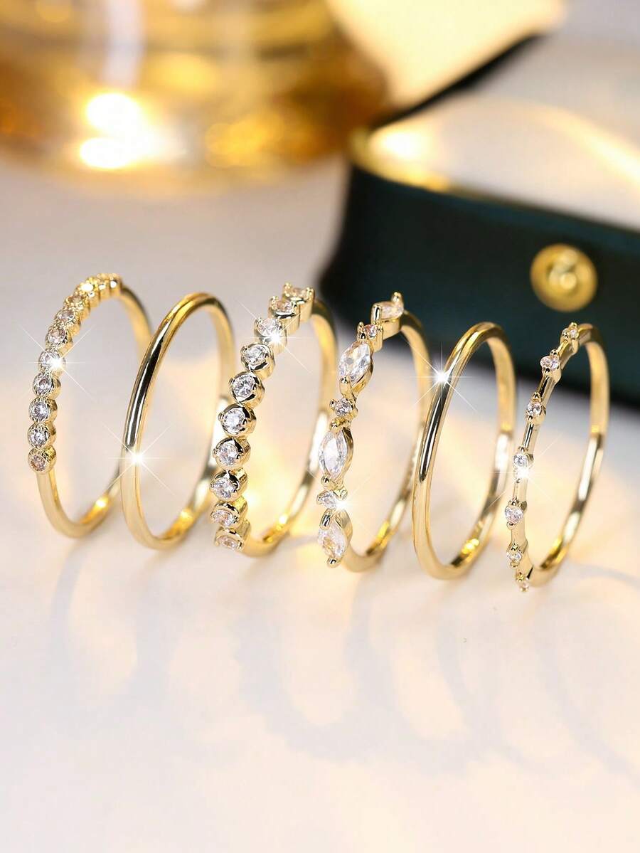 Vanel 1 Set Fashionable Minimalist Gold Tone Ring Set, 6pcs Including Inlaid, Rimmed And Marquise Cut CZ Styles, Stylish Daily Wear Jewelry For Women - Golden Yellow-white - View 1