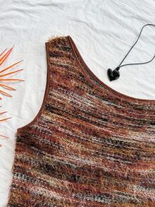Eduarda Gutierrez  Conjunto de 2 piezas para mujer con top corto de punto a rayas y shorts ajustados de tiro súper bajo, atuendo adecuado para vacaciones, fiestas, Navidad, San Valentín, citas, playa, crucero, carnaval, Pascua, Año Nuevo Chi - Marrón - Ver 5