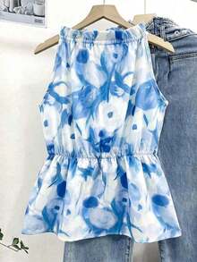 Blusa casual versátil de uso diario con estampado floral y pliegues para mujer - Azul - Ver 1