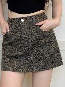 Falda vaquera casual con botones delanteros y bolsillos con estampado de leopardo - Marrón 2 - Ver 2