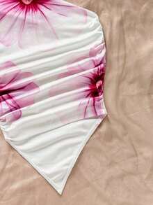 Blusa de mujer con estampado floral sexy, bajo asimétrico y hombros fruncidos, adecuada para vacaciones en la playa - Multicolor 3 - Ver 8