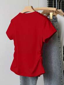 Nuevas llegadas de verano, chaqueta casual versátil, diseño gráfico con rhinestones, camiseta ajustada para mujer, cómoda de llevar, adecuada para uso diario, al aire libre, de compras, citas - Rojo - Ver 2