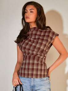 Blusa plisada con cuello para mujer, elegante para la oficina, artículo de moda versátil, adecuado para el trabajo, salidas casuales, fiestas, con estampado de cuadros marrones - Burdeos - Ver 4