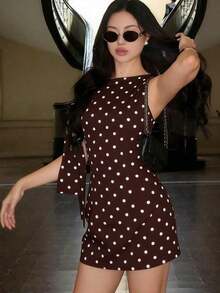 Vestido mini ajustado con estampado de lunares asimétrico y tirantes, elegante negro para primavera/verano - Café integral - Ver 6