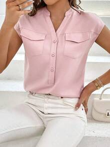 Camisa casual de mujer de manga corta con bolsillo, cuello en V con muesca y unicolor para uso laboral - Rosa Pálido - Ver 7