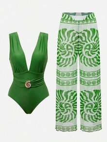 Swim Oasis Conjunto elegante de retro con estampado en espiral de un solo pieza de traje de baño coordinado con pantalón de pierna ancha, conjunto de vacaciones elegante para mujeres - Multicolor - Ver 9