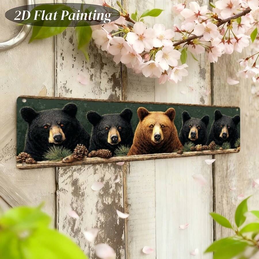 2D Flat Design, 1 Piece Of Vintage American Black Bear Metal Wall Decor, Featuring Pine Cone And Autumn Leaf Elements-Rural Farmhouse Style Decoration, 16inchx4inch Flat Bear Plaque, Suitable Home, Cafe, Office, Garage-Pre-Drilled Holes Easy Installation, 2D Flat Shape - 1 cái - Xem 1