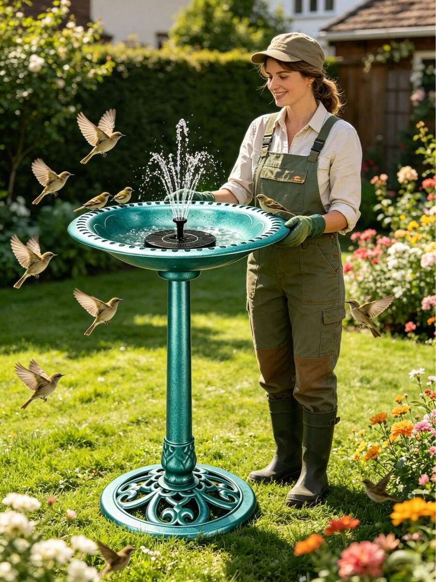Antique Polyresin Bird Bath & Outdoor Fountain, 28 Inch Solar Powered Water Fountain, 4 Spray Patterns, Lightweight Weather Resistant Garden Stuff & Gardening Supplies, Outdoor Garden Water Feature For Patio Yard Decor - 青銅色 - 查看 1