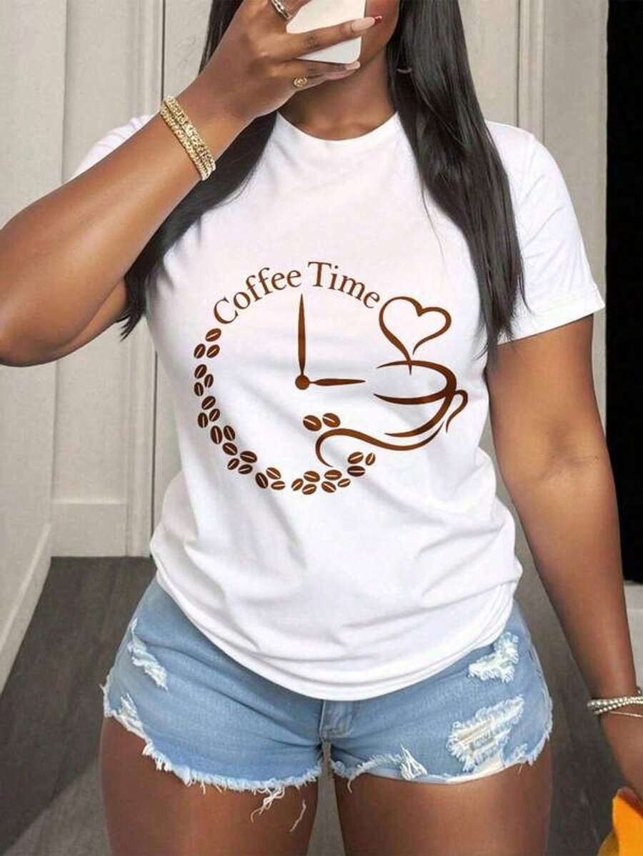 Camiseta gráfica con diseño de reloj de la hora del café para mujer, uso casual diario con motivo de granos de café y estampado de taza con corazón, perfectara amantes del café y entusiastas de la rutina matutina, 220g