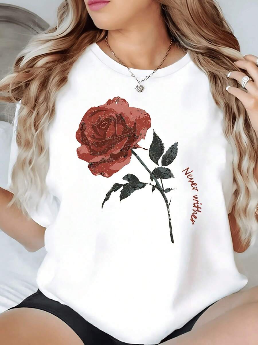 Rosa roja con pétalos delicados que simbolizan amor eterno y fuerza interior acompa? de letras que inspiran esperanza y renovación camiseta de mujer casual moderna cómoda para uso diario - Blanco - Ver 1