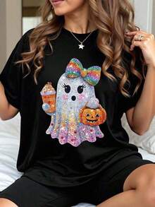 Plus Size Halloween T-Shirt, Plus Size Graphic T-Shirt For Streetwear, Cute Short Sleeve Summer Top, Men's T-Shirt, Women's Tops And Sweatshirts, Y2k T-Shirt Shirt - 白色 - 查看 1