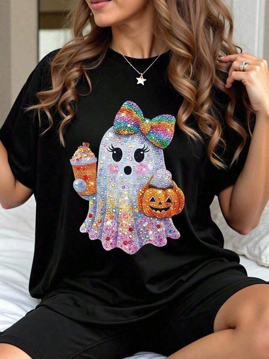 Plus Size Halloween T-Shirt, Plus Size Graphic T-Shirt For Streetwear, Cute Short Sleeve Summer Top, Men's T-Shirt, Women's Tops And Sweatshirts, Y2k T-Shirt Shirt - 白色 - 查看 1