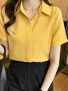 純色通勤短袖設計襯衫，時尚港風緞面女式襯衫，美學風格 - 黃色 - 查看 3